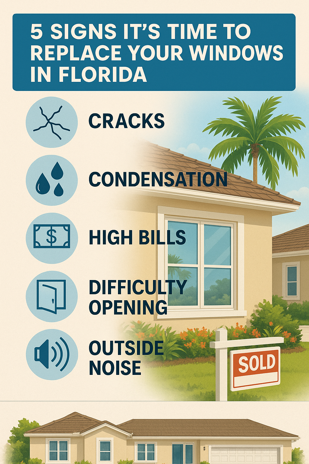 Infographic showing 5 signs it's time to replace windows in Florida: cracks, condensation, high bills, difficulty opening, and outside noise