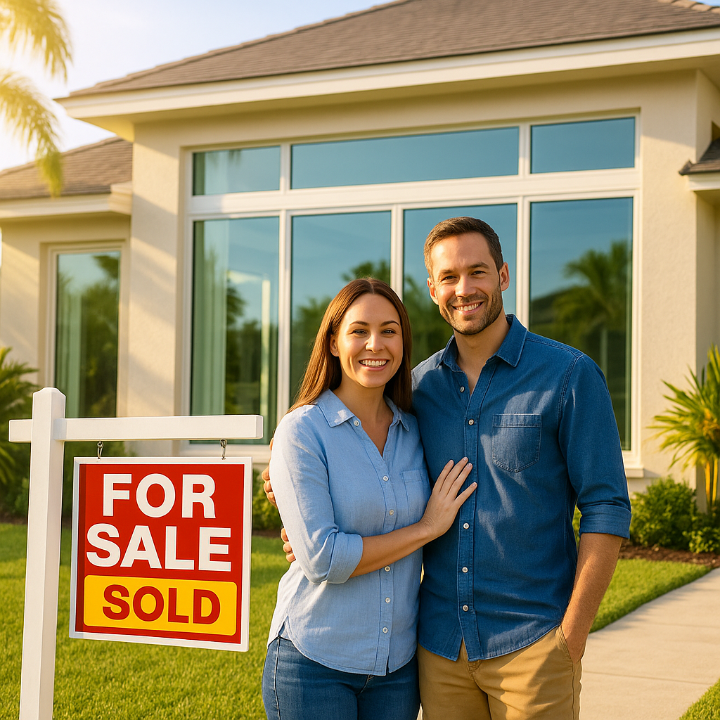 Happy Florida homeowners standing in front of their sold home featuring new impact-resistant windows that boosted resale value