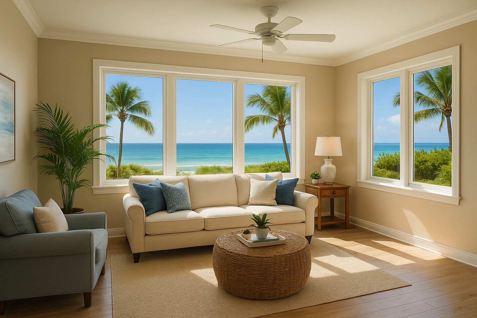 Beautiful Florida home interior with new impact-resistant windows showcasing ocean views and modern design appeal