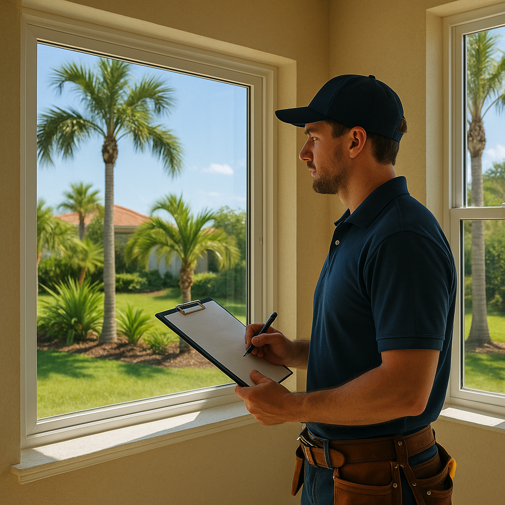Professional window installer evaluating new window installation costs in Florida home with quality impact-resistant windows